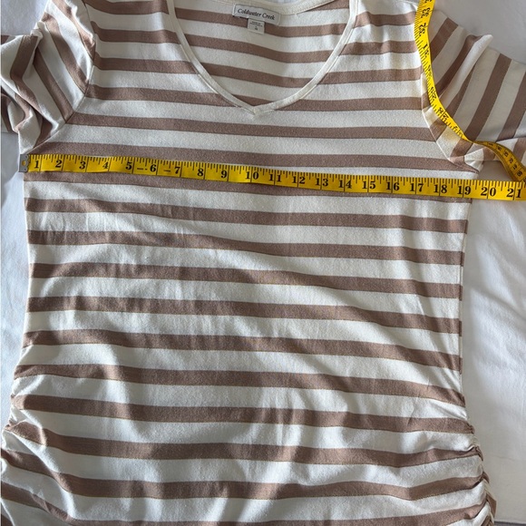 Coldwater Creek Women's Long Sleeve Striped Tan Cream Metallic Stripe Top Size L - Picture 11 of 13
